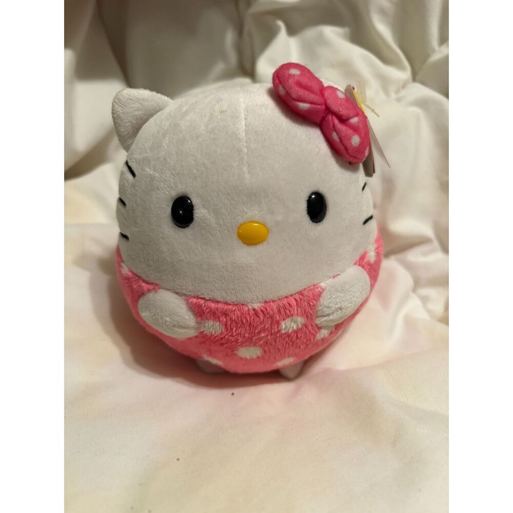 TY Beanie Ballz Hello Kitty Plush • Pink Polka Dot Dress • 5” Round